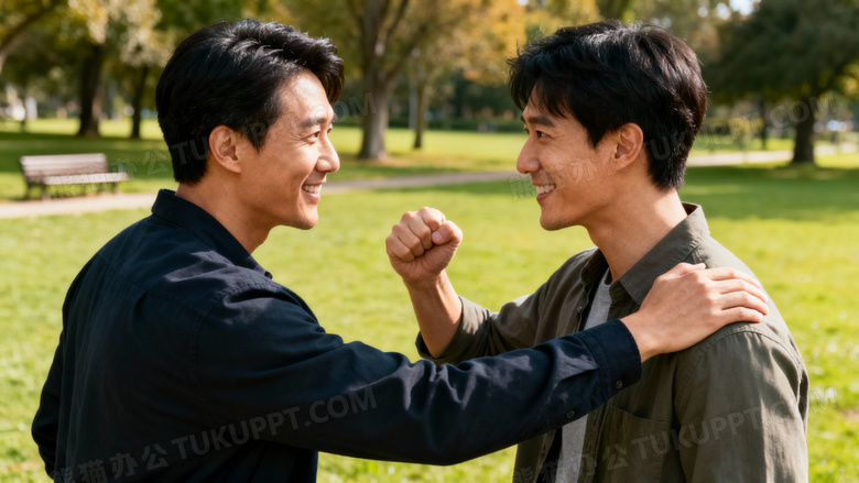 2个男人相互加油打气的照片