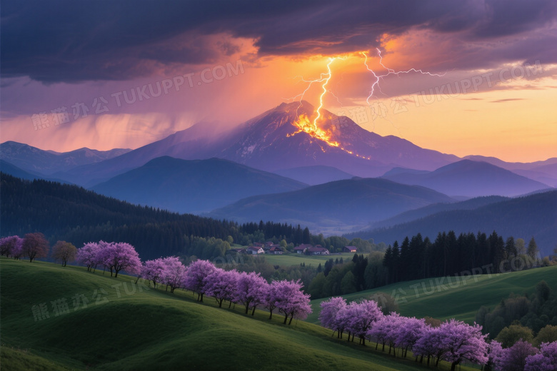 闪电劈山火光与紫花绿丘图片