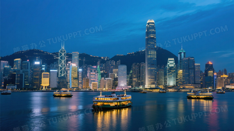 维多利亚港夜景摩天楼倒影图片