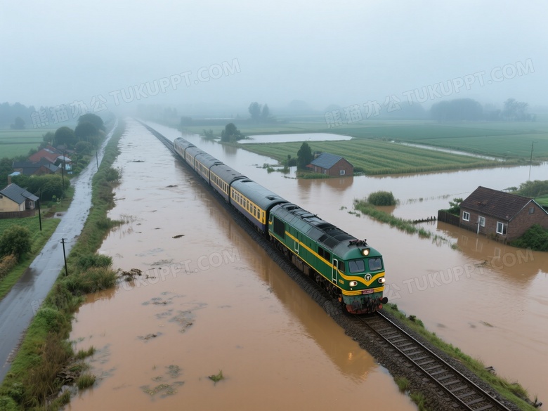 绿黄机车涉水行驶俯拍图片