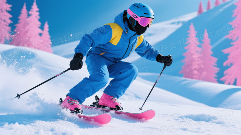 滑雪者低蹲转弯雪雾飞溅图片