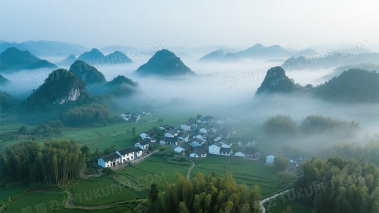 云雾喀斯特村落俯拍图片