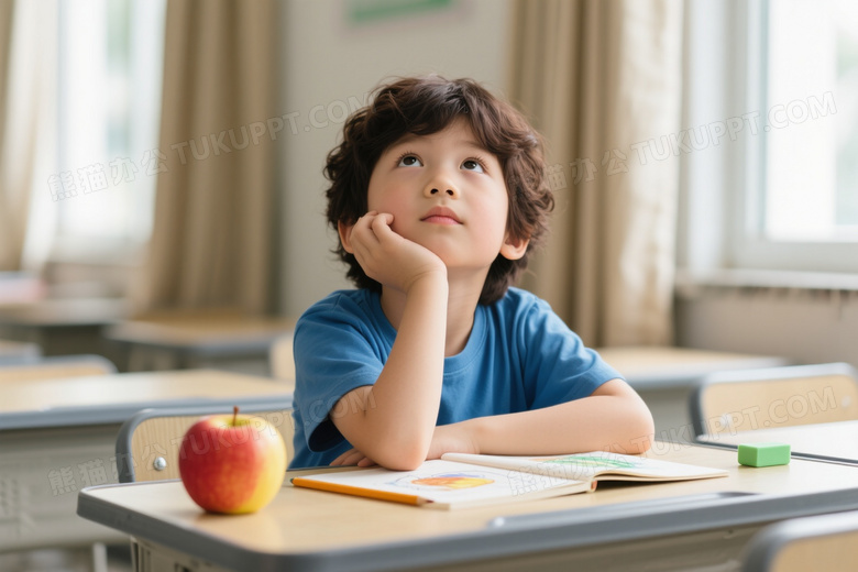男孩课桌前托腮沉思图片