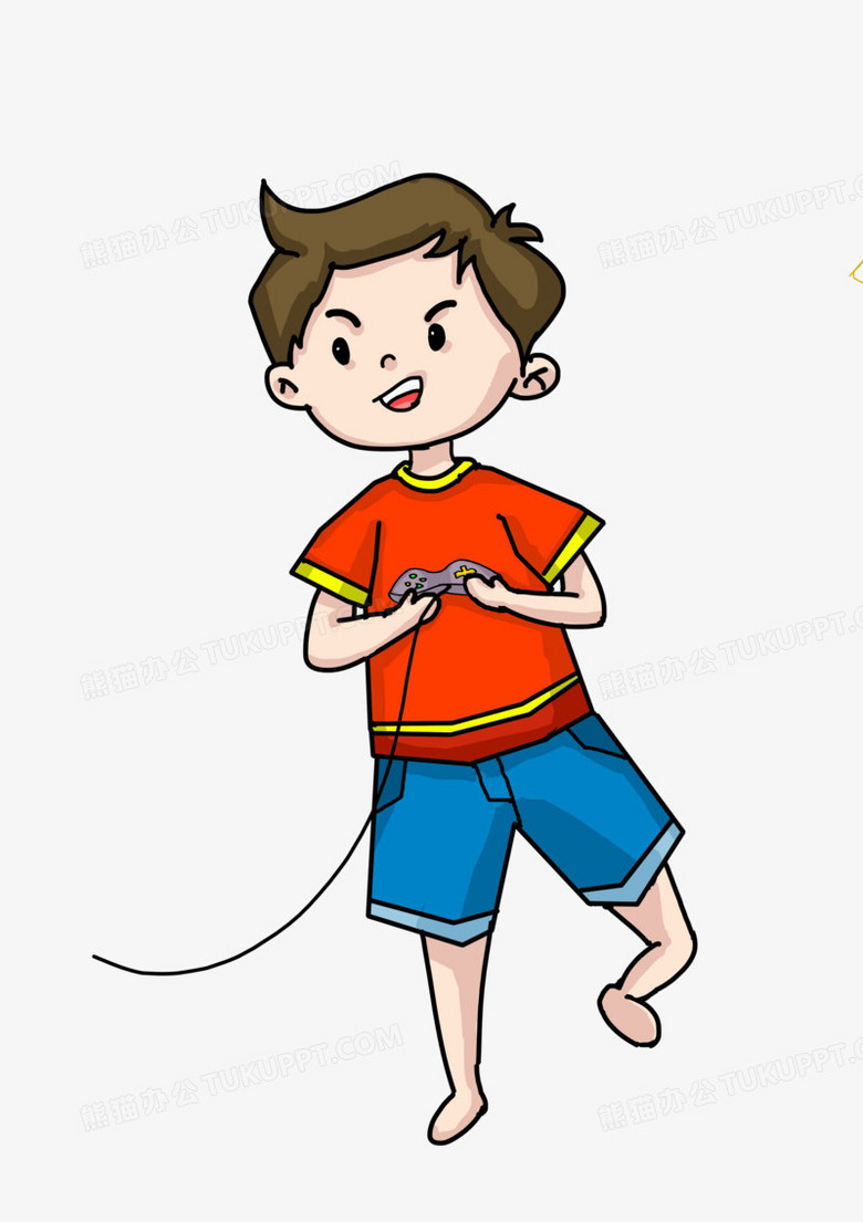 卡通手绘打游戏的小男孩