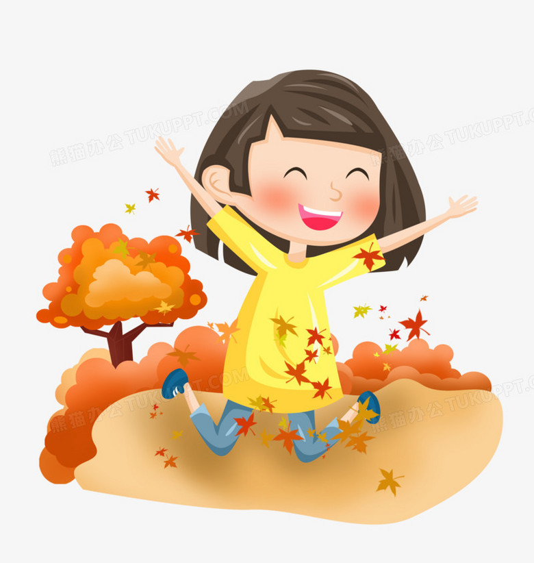 秋天之手绘卡通女孩玩枫叶