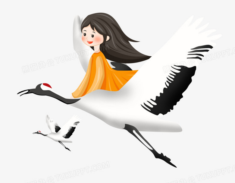 白露之手绘卡通女孩坐在白鹭上飞行