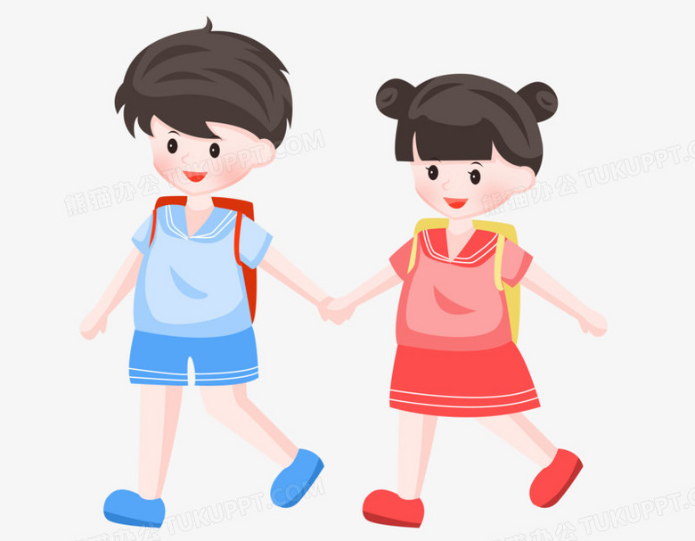 手绘卡通男女同学手牵手去上课