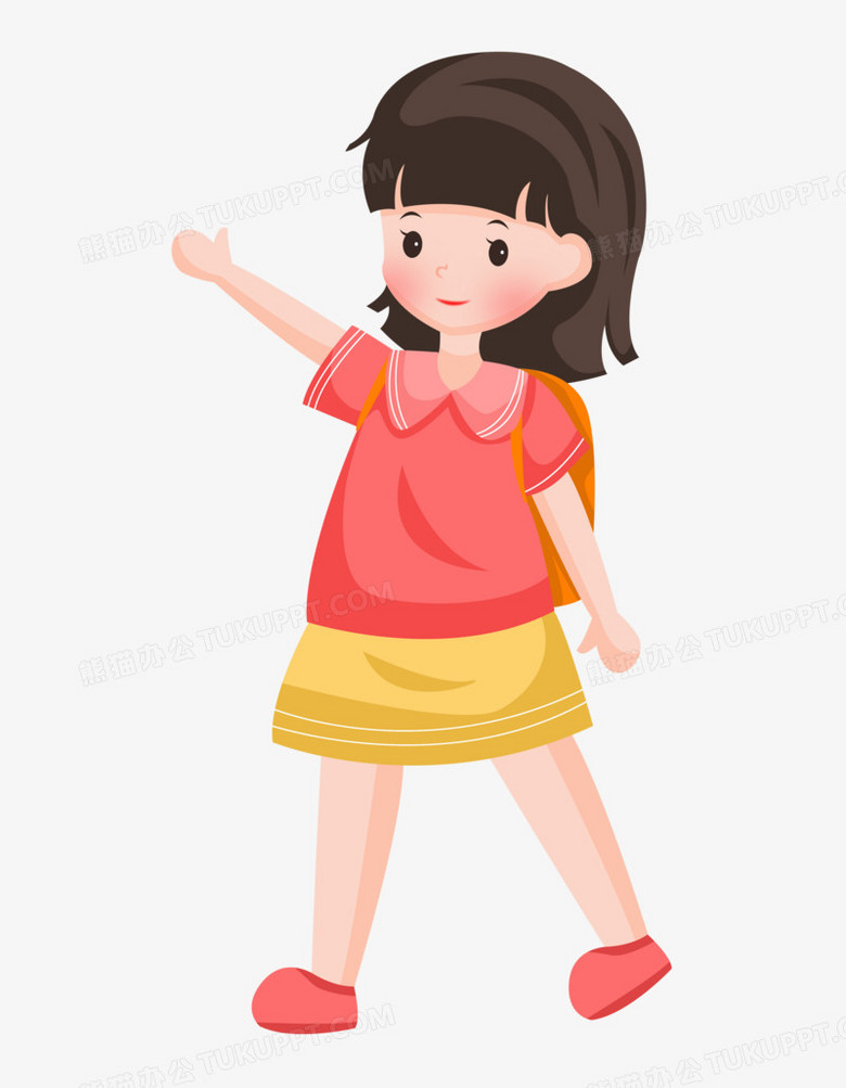 手绘卡通女孩上学打招呼