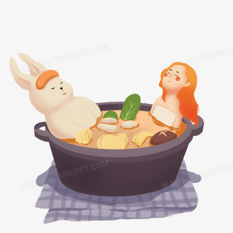 创意冬天暖锅温泉少女与兔子元素png图片素材免费下载 冬天png 3000 3000像素 熊猫办公