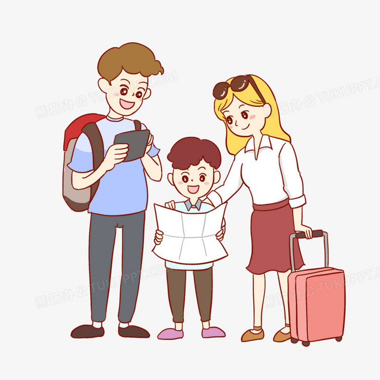国庆家人出游看地图找路手绘卡通元素