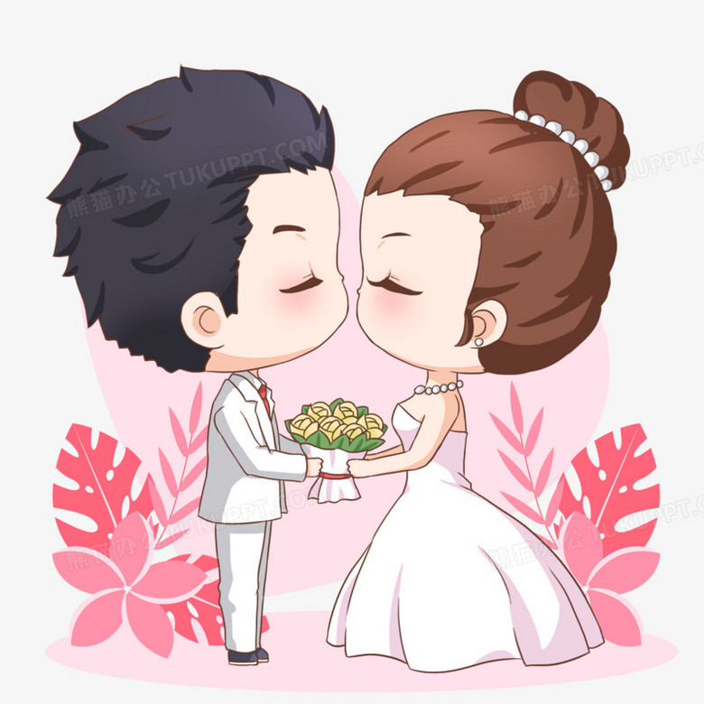 卡通新郎新娘亲亲卡通插画