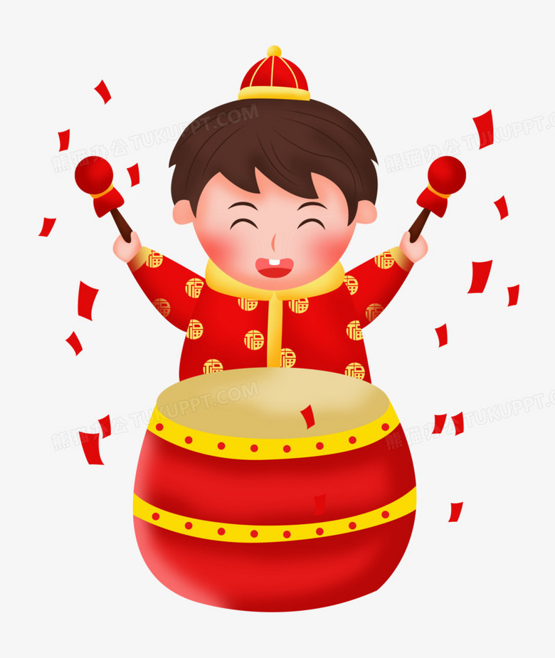 春节之手绘卡通男孩打锣鼓