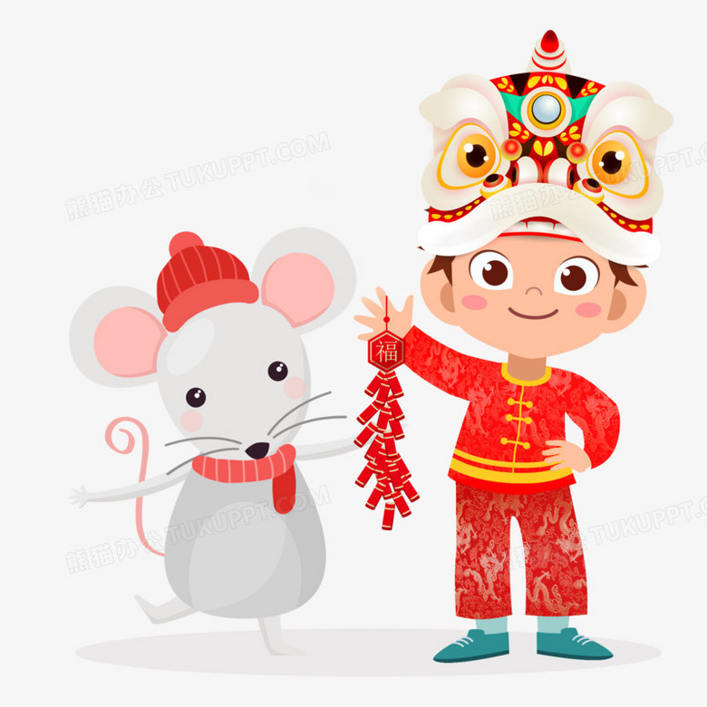 鼠年手绘可爱老鼠和小男孩放鞭炮插图
