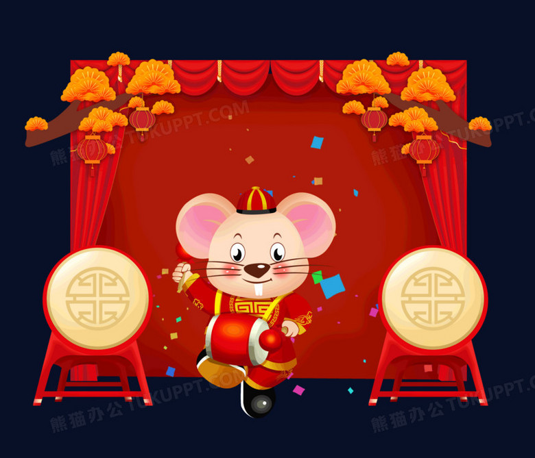 红色喜庆新年老鼠打鼓合成元素