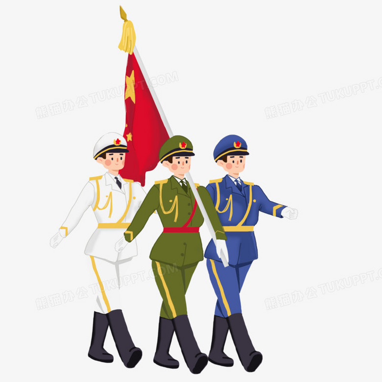 仪仗队军人侧面持国旗齐步走