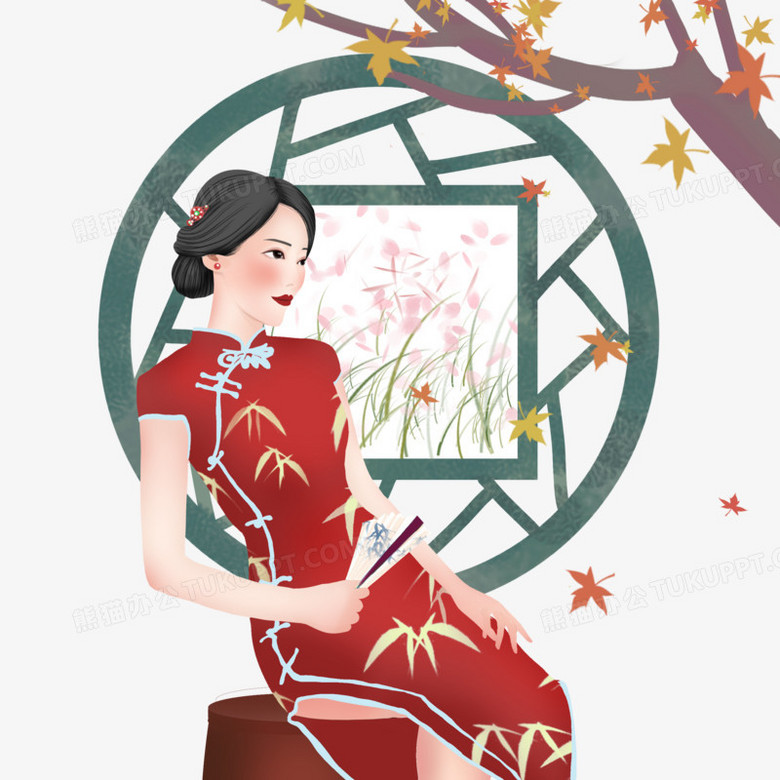 树下穿红旗袍女人手绘元素png图片素材下载 女人png 熊猫办公