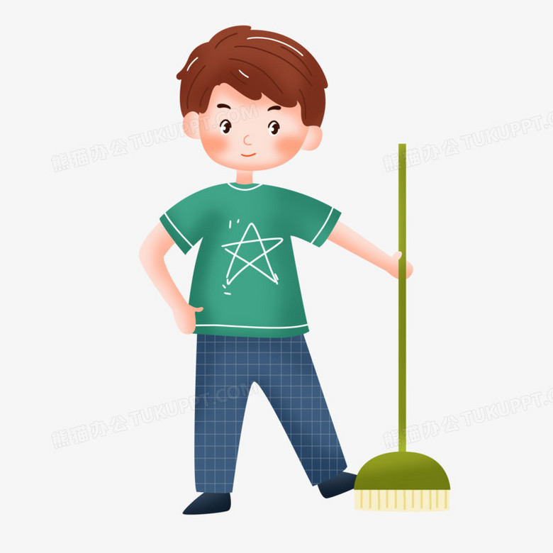 手绘卡通扫地的男孩子