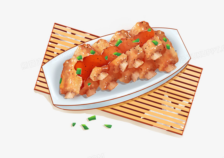 在整个配色上使用多种颜色作为基础色调,设计了盘装的粉蒸排骨,卡通