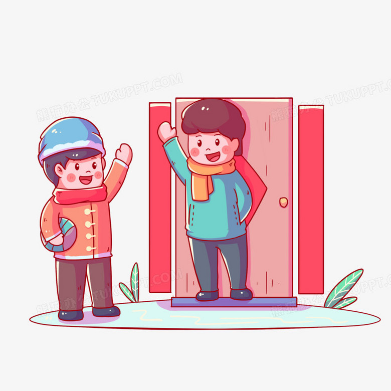 在整个配色上使用多种颜色作为基础色调,设计了串门的男生,卡通效果的