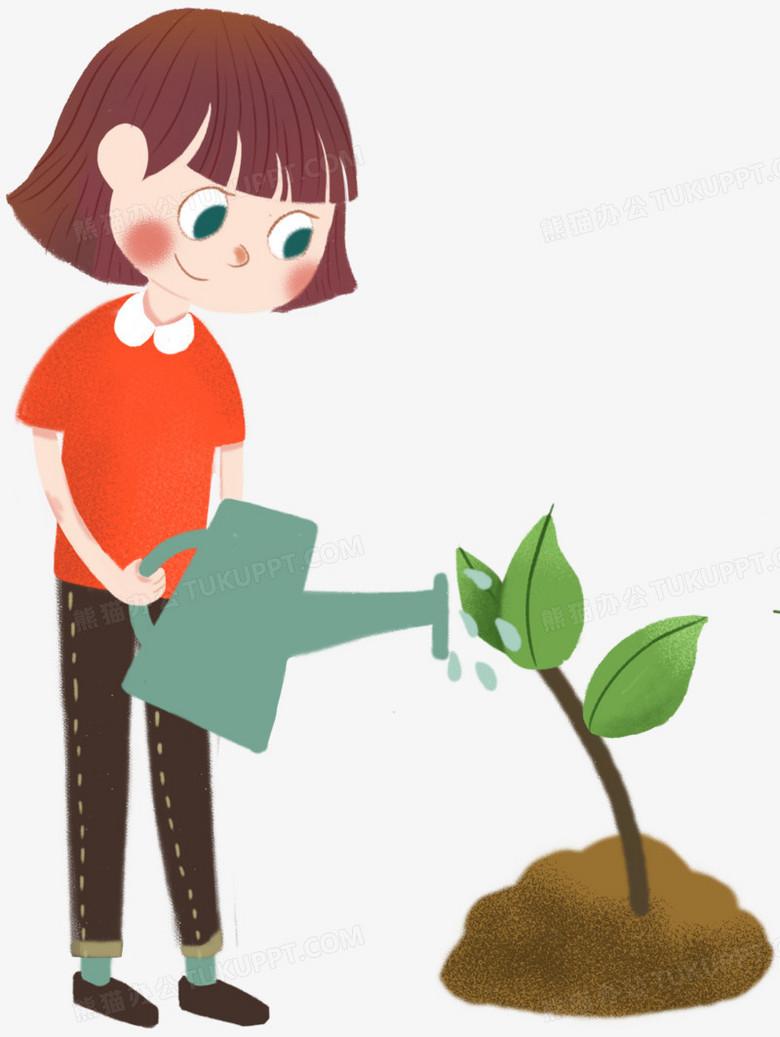 手绘清新植树节浇水插画素材