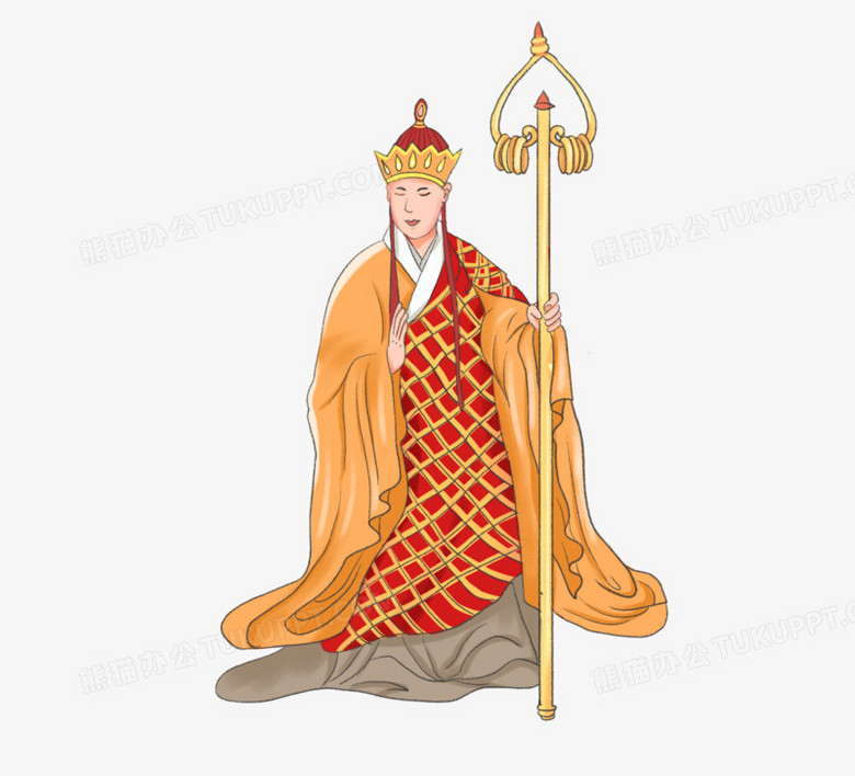 在整个配色上使用多种色彩作为基础色调,设计了拿着九锡禅杖的唐僧