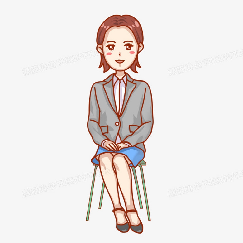 卡通手绘风女性穿正装端坐人物元素