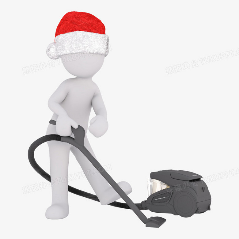 3d红帽立体小人拿着吸尘器打扫家务