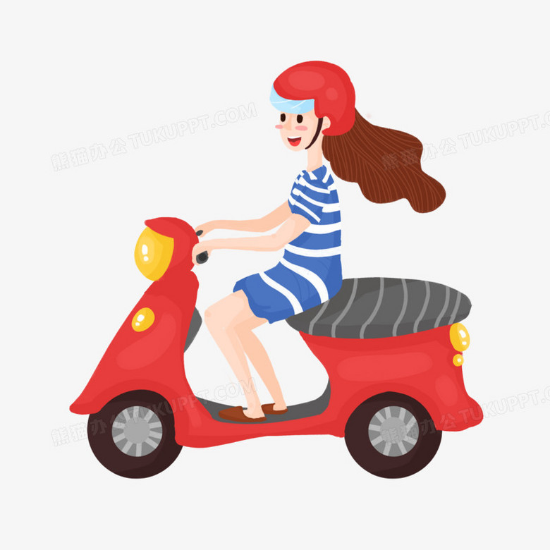 在整个配色上使用多种色彩作为基础色调,设计了戴头盔骑电动车的女生