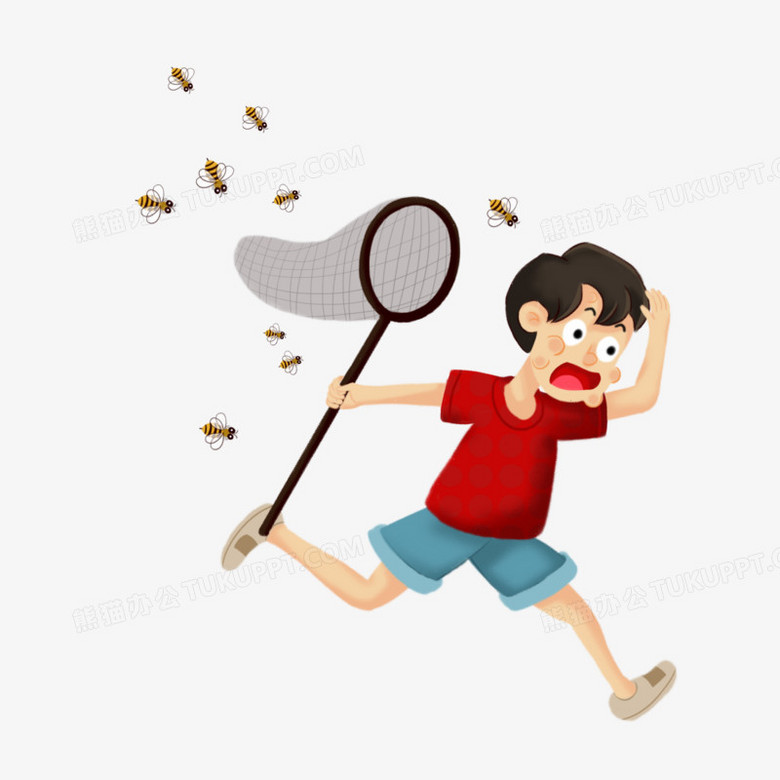 手绘风儿童户外玩耍被蜜蜂追赶元素