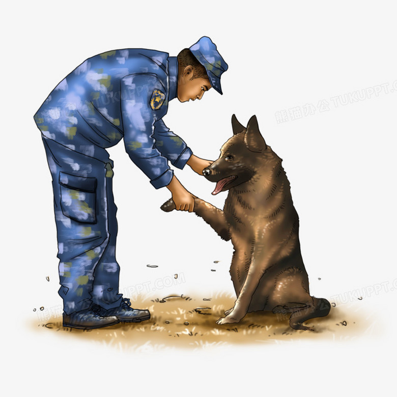 本作品全称为《卡通手绘军犬与训导员创意元素》,使用 adobe
