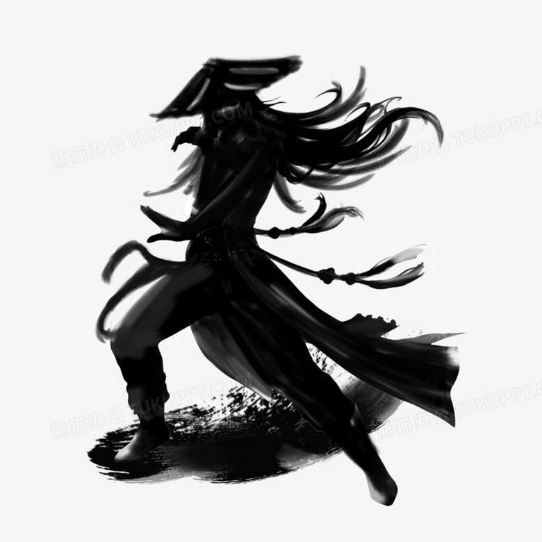 在整个配色上使用黑色作为基础色调,设计了戴帽子的武侠江湖人物,整体