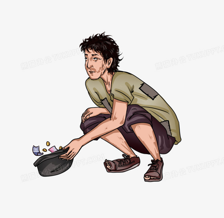 手绘线描乞丐拿碗乞讨元素