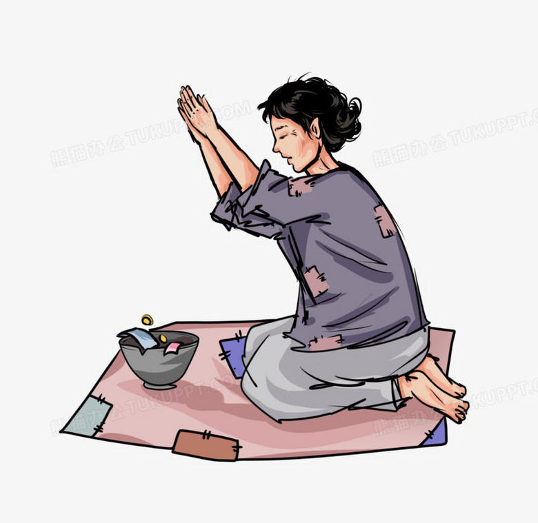 线描手绘女乞丐乞讨元素