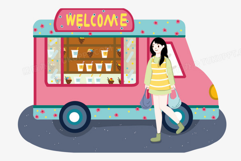 本作品全称为《卡通风女孩去冰淇淋车买冷饮元素》,使用 adobe