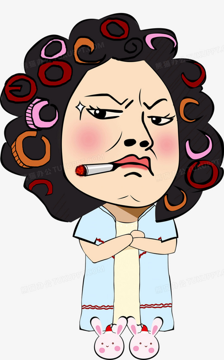 本作品全称为《蓝色卡通手绘霸气的包租婆创意元素》,在整个配色上