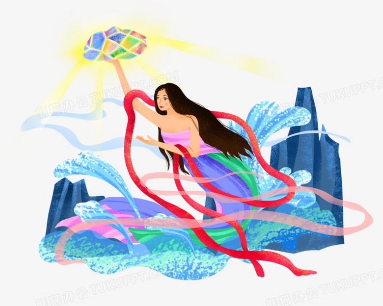 插画风中国神话传说故事女娲补天元素