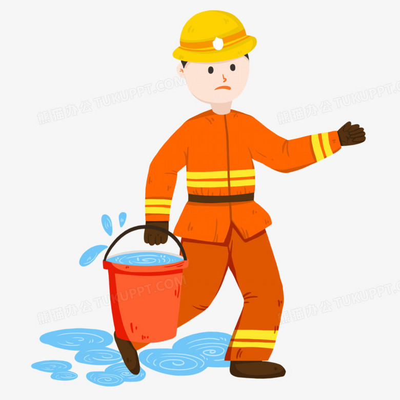 本作品全称为《卡通风消防员手提水桶救火场景元素》,使用 adobe