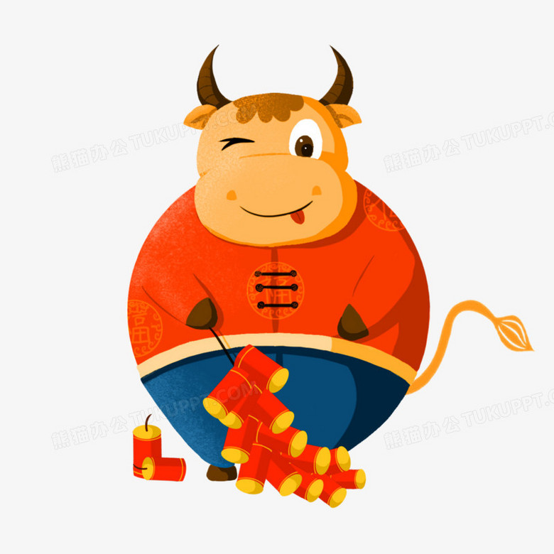 插画风可爱牛年形象拿着鞭炮的牛牛