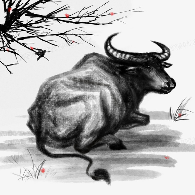 手绘大黑牛中国风水墨牛免抠素材