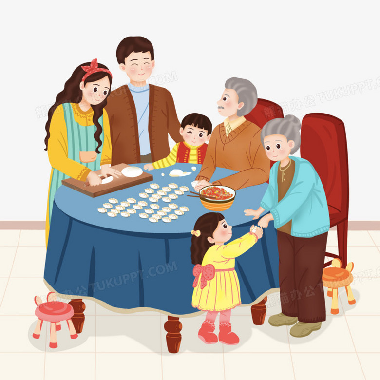 卡通手绘一家人一起包饺子场景免抠素材
