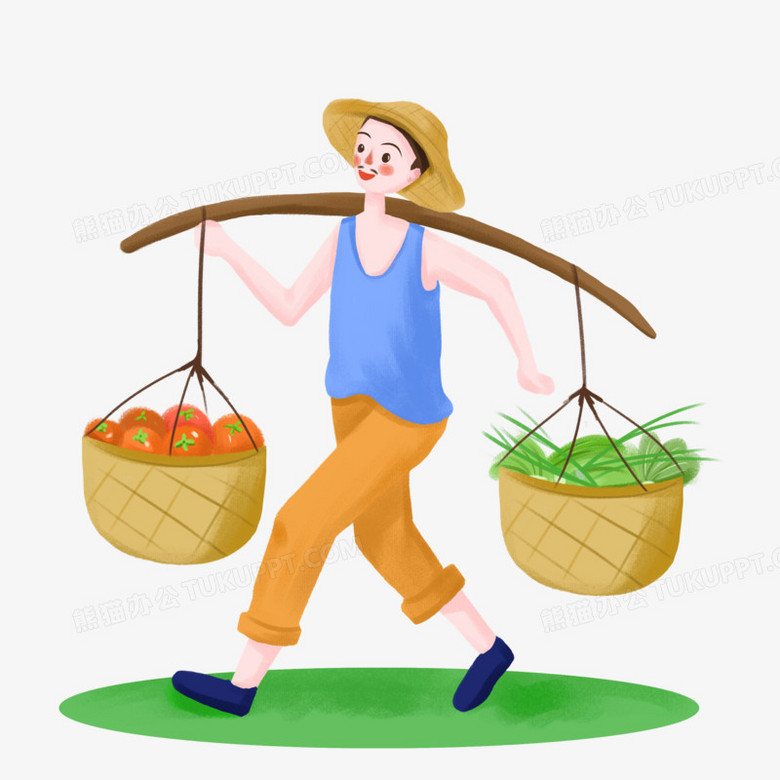 手绘农民挑扁担场景插画元素