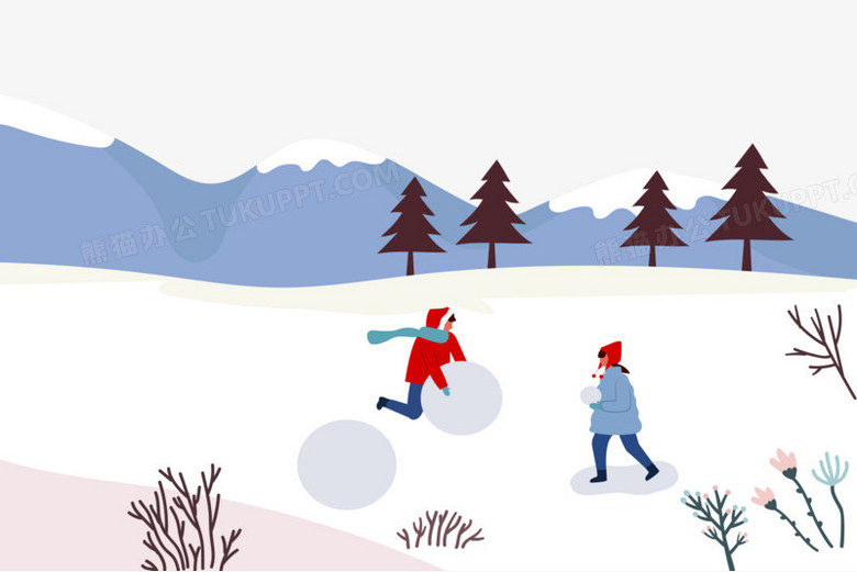 创意矢量冬季小朋友在雪地里滚雪球场景元素