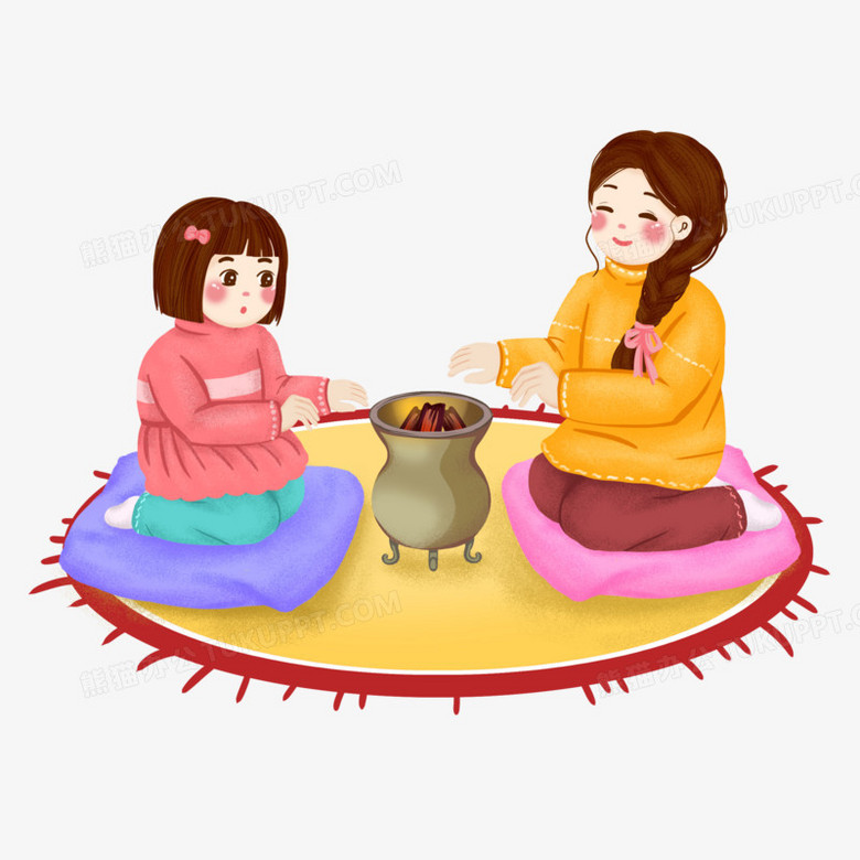 卡通冬天姐妹围着火盆烤火免抠素材