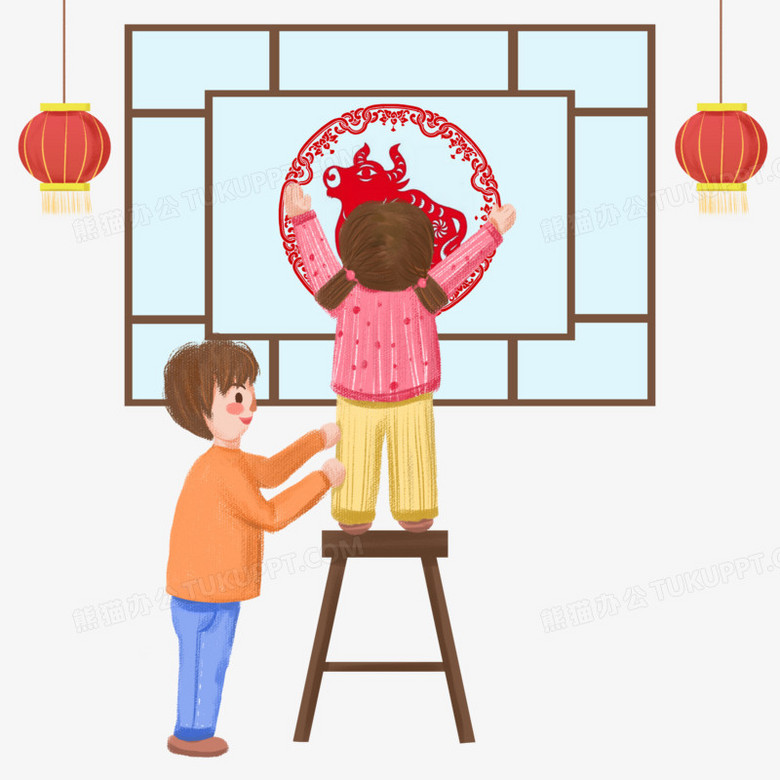 手绘男孩女孩贴窗花景插画元素