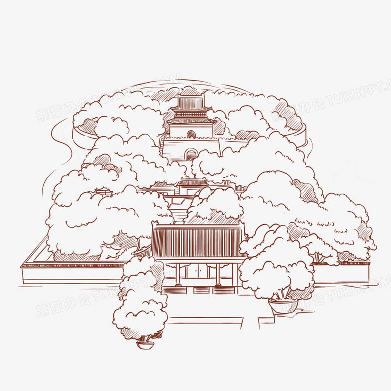 手绘线稿明十三陵景区免抠元素