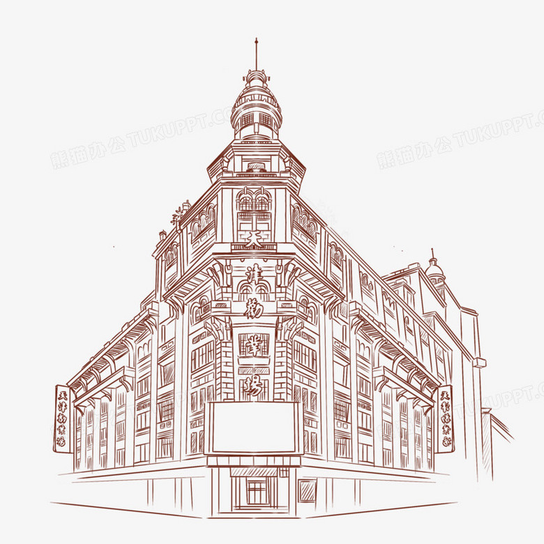 本作品全称为《简约手绘天津劝业建筑物线稿元素》,使用 adobe