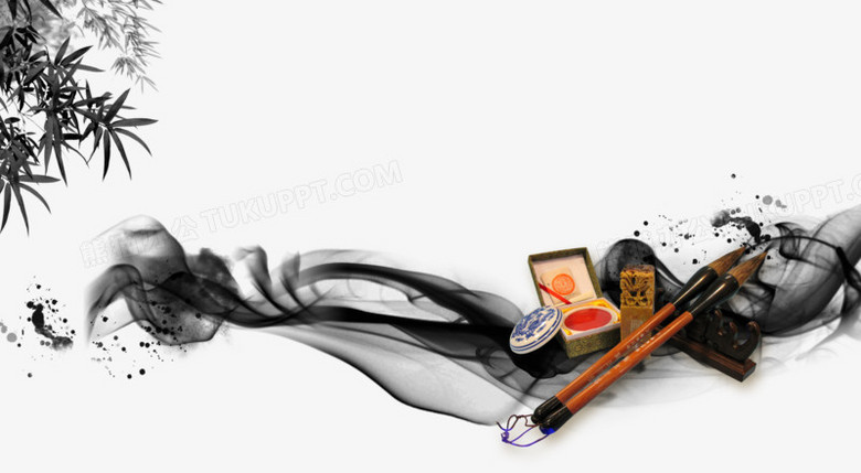 本作品全称为《彩色中国风水墨烟雾文房四宝元素》,使用 adobe