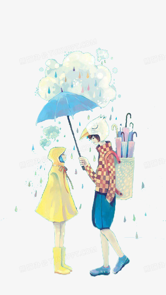 卡通手绘男孩女孩爱情雨伞下雨