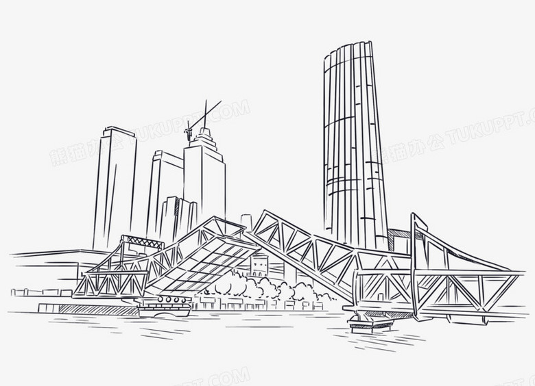 手绘线稿天津解放桥免抠元素