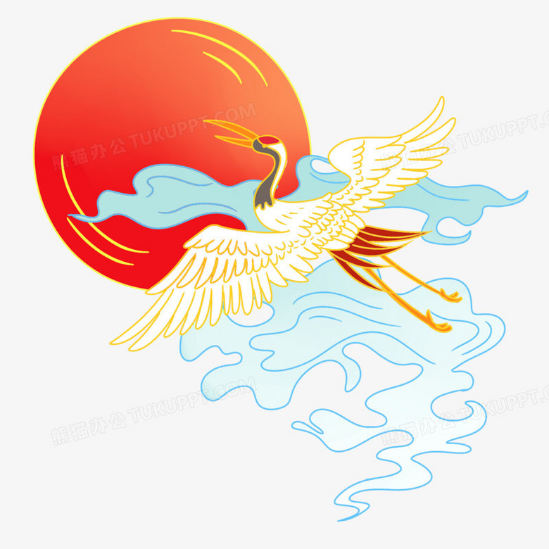 在整个配色上使用多种色彩作为基础色调,设计了仙鹤飞入云层追寻太阳